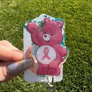 Carebear breast cancer awareness bear nurse badge reel holder